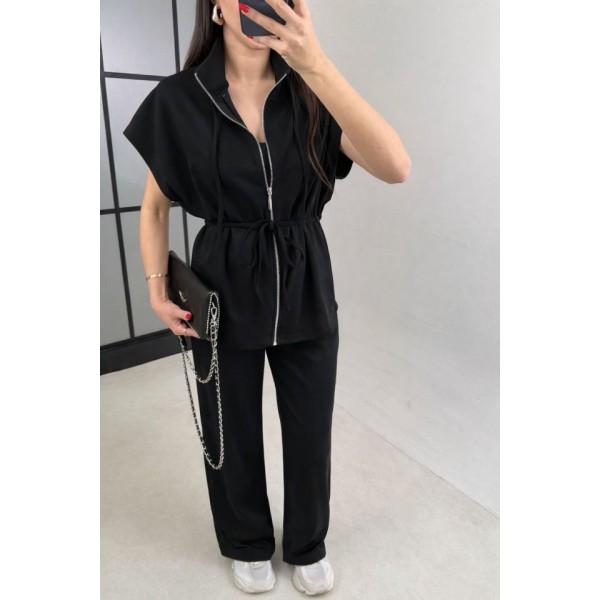 Kadın Yarasa Kol Fermuar Ve Lastikli Bağcık Detay Ceket Pantolon Ikili Takım