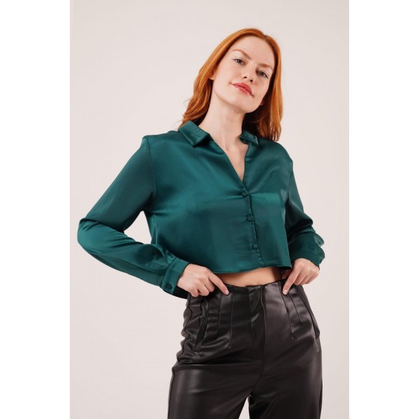 Saten Crop Model Yeşil Gömlek