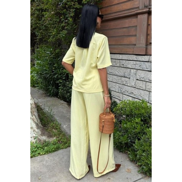 Hakim Yaka Çapraz Düğmeli Plazzo Pantolon Viscon Keten Takım 10209