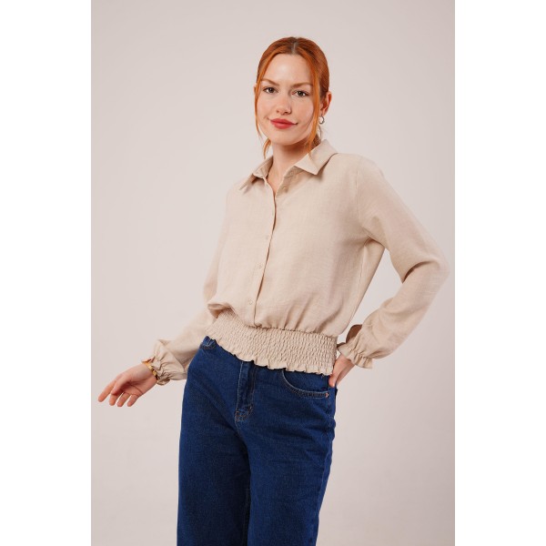 Bel Ve Bilek Lastikli Bej Bluz