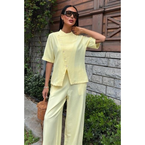 Hakim Yaka Çapraz Düğmeli Plazzo Pantolon Viscon Keten Takım 10209