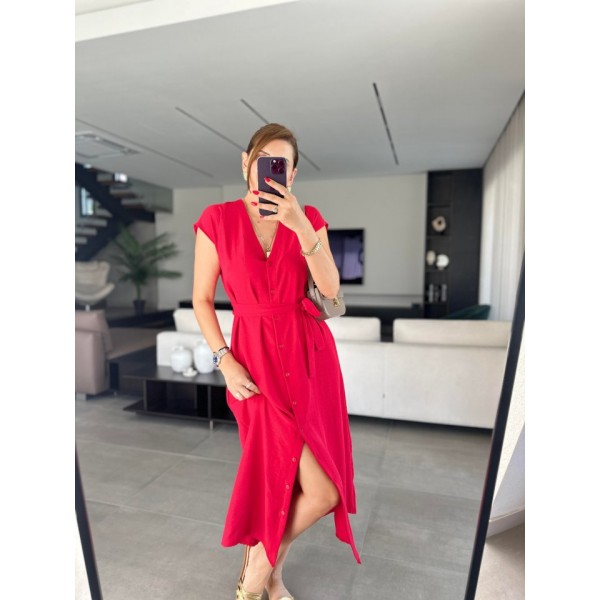 Kadınn V Yaka Düğme Detay Kuşak Dahil Elbise