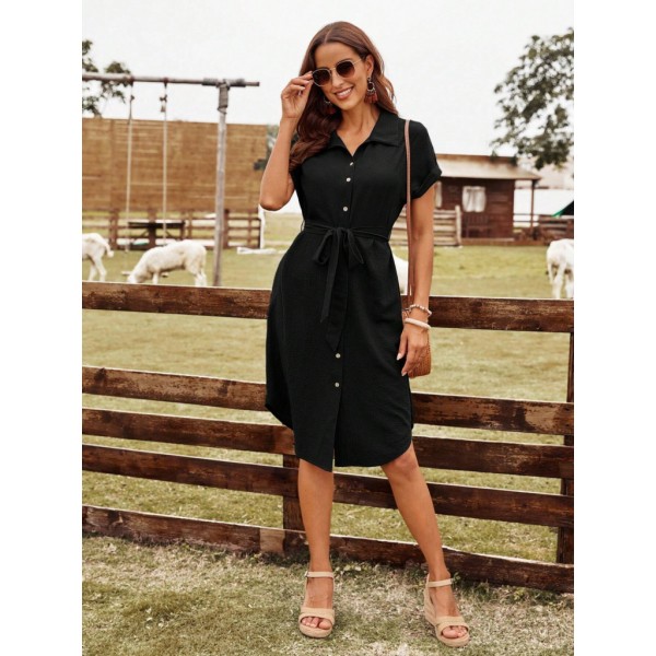 Kadın Kısa Kollu Yakalı önden Düğmeli Beli Kuşaklı Bürümcük Elbise