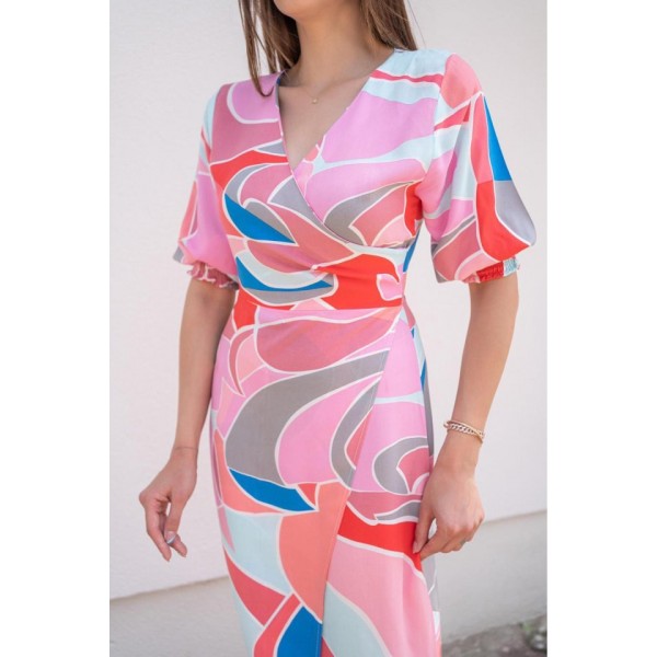 Fuşya Desenli Yırtmaçlı Elbise