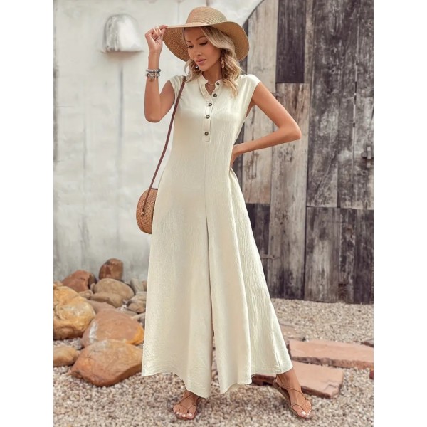 Kadın Kısa Kollu önden Düğmeli Paçaya Doğru Geniş Cepli Uzun Bürümcük Tulum