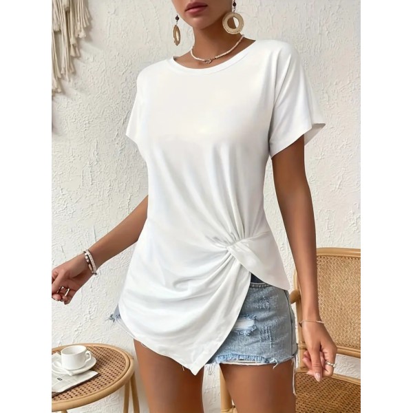 Kadın Kısa Kollu Asimetrik Kesim Bel Büzgü Düğüm Detay Viskon Bluz