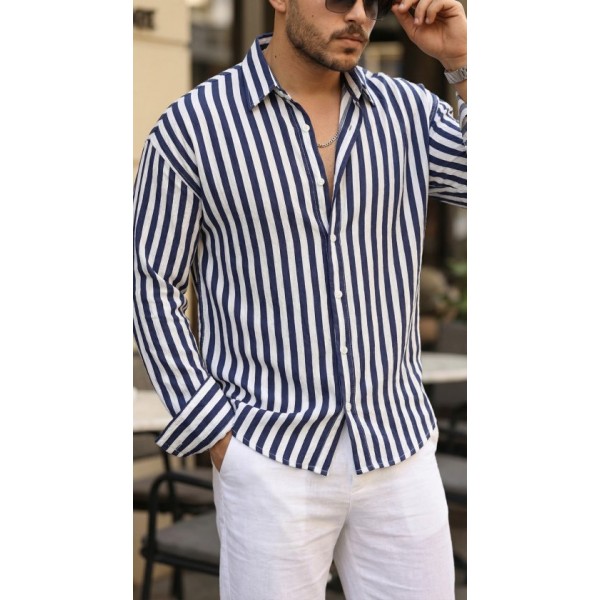 Erkek Dikey Çizgili Yarım Oversize Gömlek
