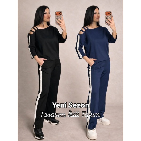 Kadın Uzun Kollu Kolu Tül Yanları şerit Detay Modal Ikili Takım