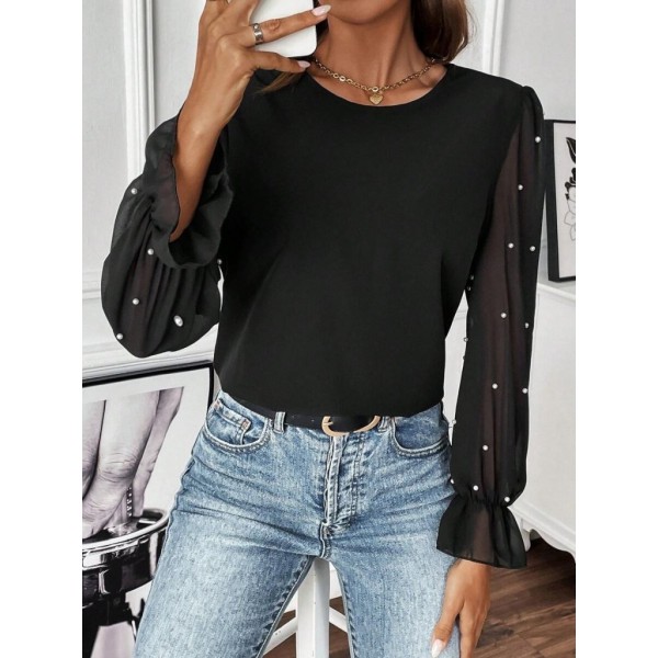 Kadın Uzun Kollu Bisiklet Yaka Tül Detaylı Incili Ithal Krep Bluz