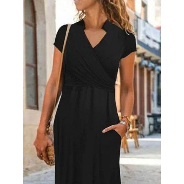 Kadın Kısa Kollu Hakim V Yaka Viskon Elbise