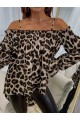 Kadın Ip Askılı Omuzlardan Açık Leopar Desenli Asimetrik Kesim Süprem Bluz
