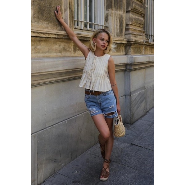 Pileli Bağlamlı Bluz - Natür