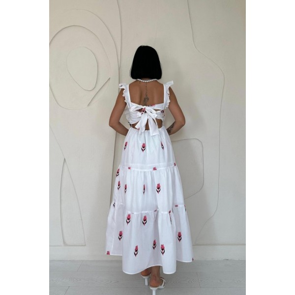 Fuşya Sıfır Kol Fırfırlı Elbise