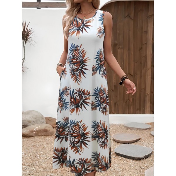 Kadın Askılı Yuvarlak Yaka Cepli Desenli Süprem Elbise