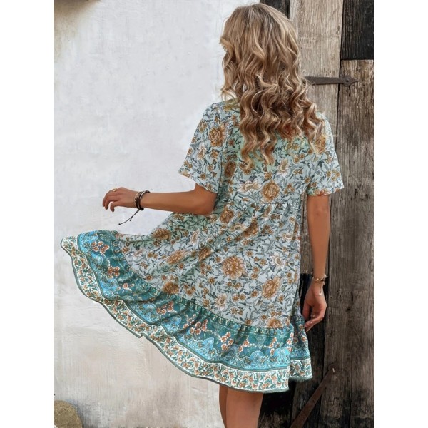 Kadın Kısa Kollu Yakası Bağcıklı önden Düğmeli Fırfır Desenli Süprem Elbise