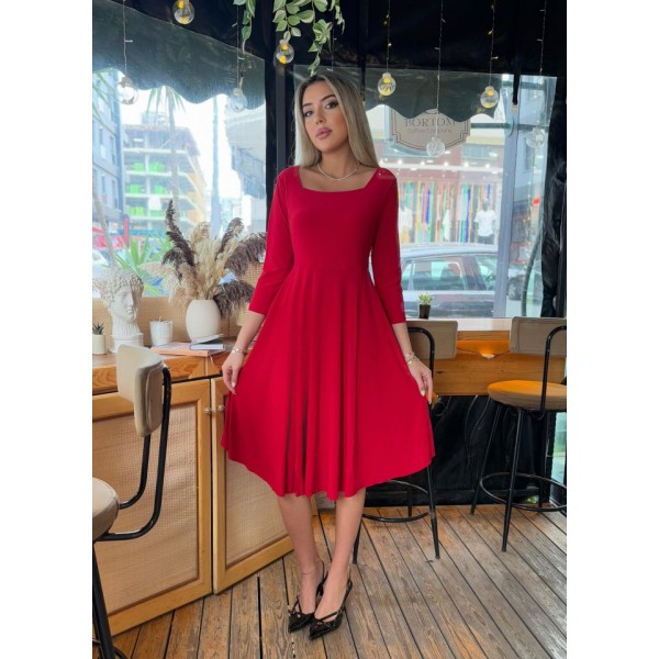 Kadın Kare Yaka Truvakar Kol Fırsat ürün Midi Boy Elbise