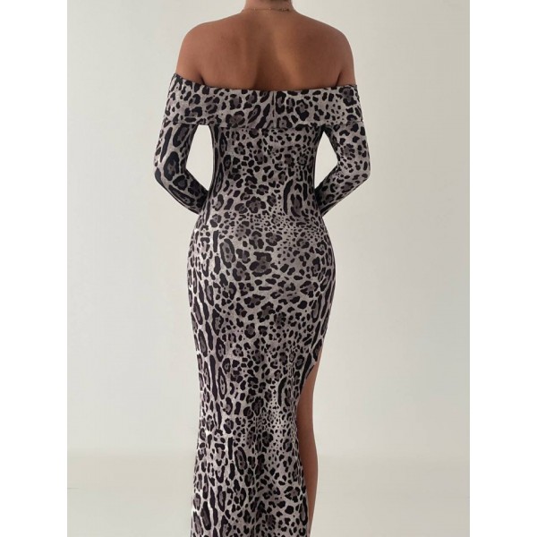 Kadın Madonna Yaka Dalgıç Kumaş Leopar Desen Maxi Boy Derin Yırtmaçlı Elbise