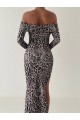 Kadın Madonna Yaka Dalgıç Kumaş Leopar Desen Maxi Boy Derin Yırtmaçlı Elbise