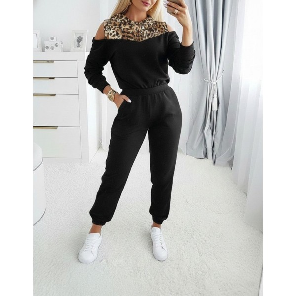 Kadın Uzun Kollu Omuzlardan Açık Leopar Desenli Kapşonlu Viskon Iki Iplik Bluz Ve Pantolon Ikili Takım