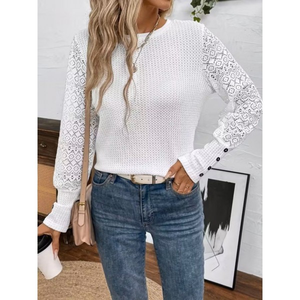 Kadın Uzun Kollu Bisiklet Yaka Kolları Tüllü Waffle Bluz