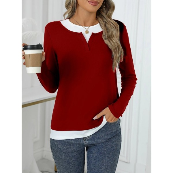 Kadın Uzun Kollu V Yakalı çift Renkli Viskon Iki Iplik Bluz