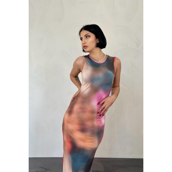 Bej Batik Desenli Elbise