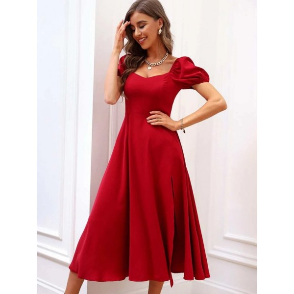 Kadın Kısa Kollu Kare Yakalı Yırtmaçlı Midi Janjan Krep Elbise