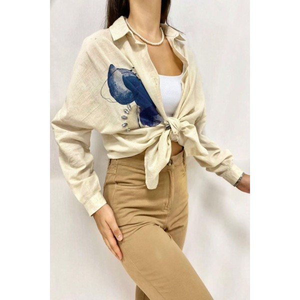 Bej Taş İşlemeli Keten Gömlek