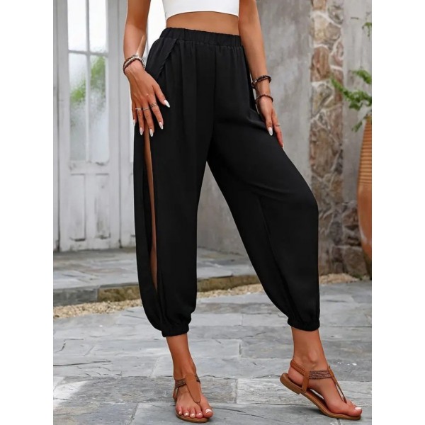 Kadın Yüksek Belli Yanlardan çapraz Detay Yırtmaçlı Viskon Pantolon