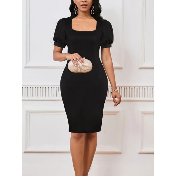 Kadın Kısa Kollu Geometrik Yaka Ithal Krep Elbise