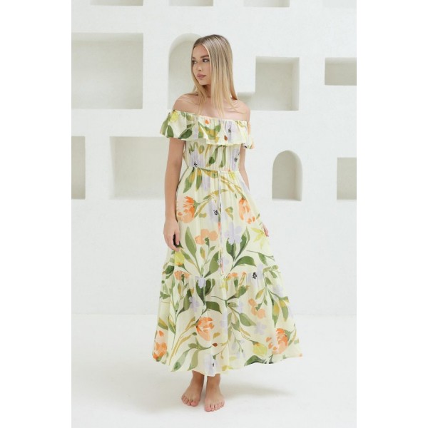 Madonna Yaka Elbise - Yeşil - Ekru