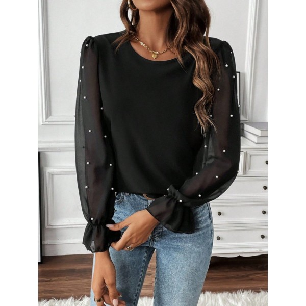 Kadın Uzun Kollu Bisiklet Yaka Tül Detaylı Incili Ithal Krep Bluz