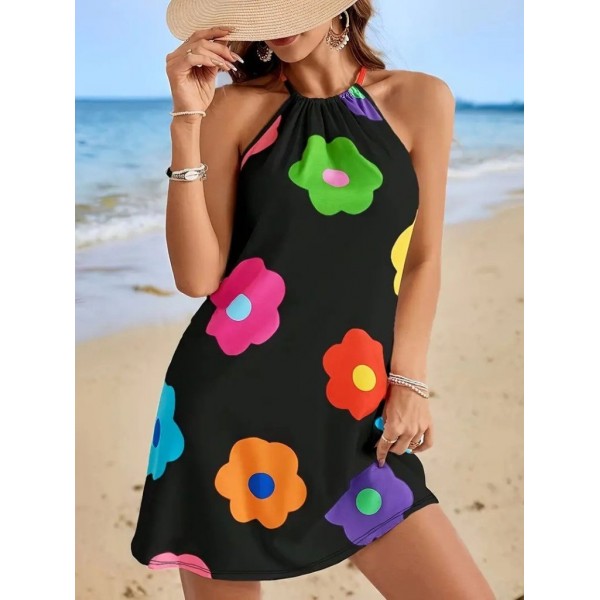 Kadın Boyundan Askılı Kolsuz çiçek Desenli Süprem Elbise