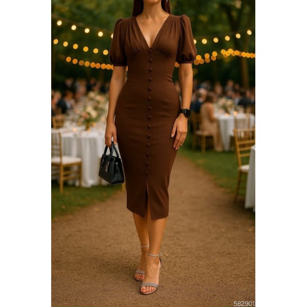 Kadın V Yaka Önü Düğmeli Sırt Pencere Dekolte Elbise