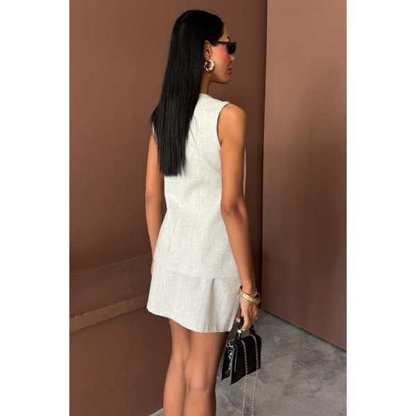 Uzun Yelek Mini Etek Flamlı Keten Takım 10148