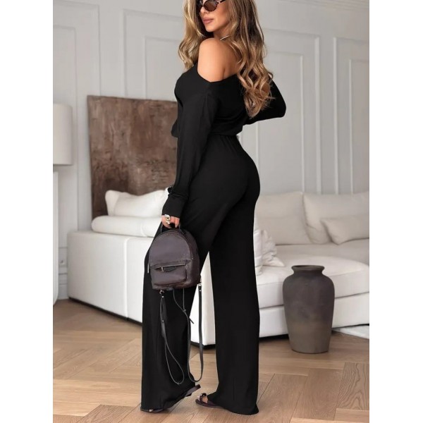 Kadın Tek Omuzdan Açık Uzun Kollu Belden Bağcıklı Uzun Viskon Iki Iplik Tulum