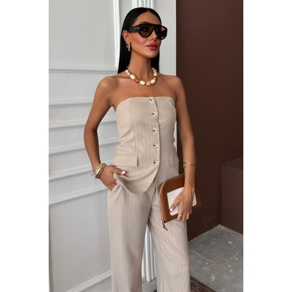 Straplez Büstiyerli Plazzo Pantolonlu Çizgili Takım 10151