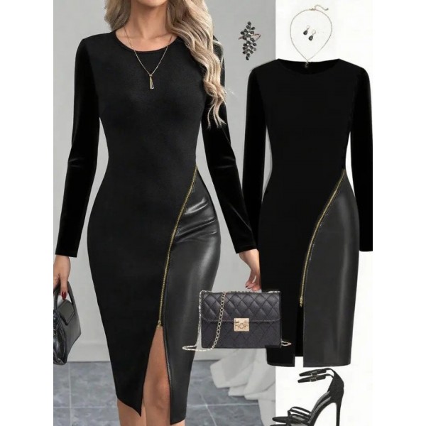 Kadın Bisiklet Yaka Uzun Kollu Deri Ve Fermuar Detay Mini Yırtmaçlı Elbise