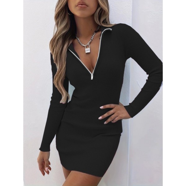 Kadın Uzun Kollu önden Fermuarlı Mini Kaşkorse Elbise