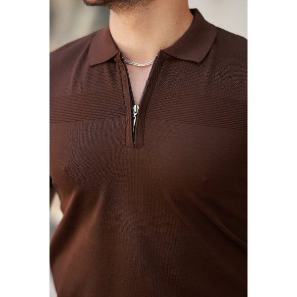 Erkek Göğüs Pirinç Desenli Fermuar Yakalı Kısa Kollu Tişört