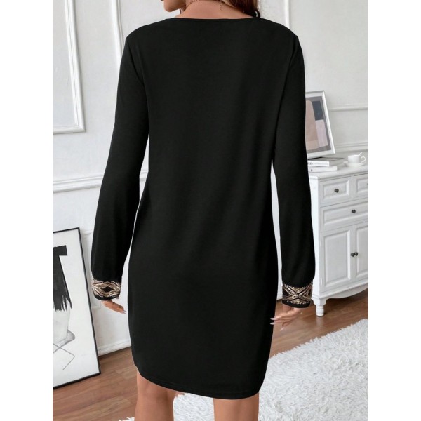 Kadın Uzun Kollu V Yakalı Pulpayet Detaylı Mini Ithal Krep Elbise