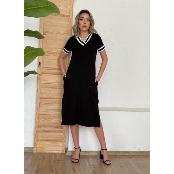 Kadın Kısa Kollu V Yaka Kol Ve Yaka Ribana Detay Midi Boy Viskon Elbise