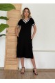Kadın Kısa Kollu V Yaka Kol Ve Yaka Ribana Detay Midi Boy Viskon Elbise