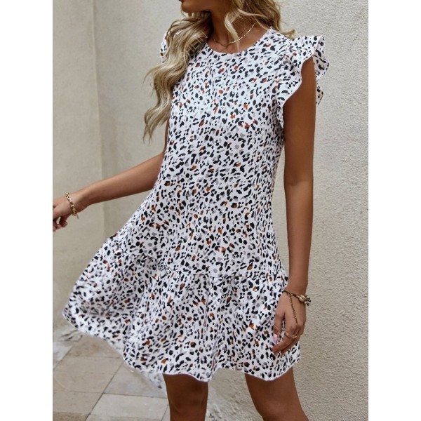 Kadın Kısa Kollu Bisiklet Yaka Etek Ucu Volanlı Kısa Dokuma Elbise