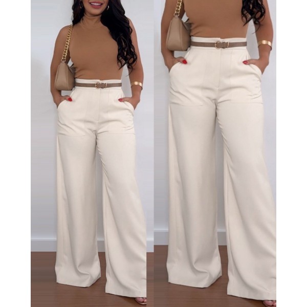 Kadın Yüksek Bel Geniş Paça Detaylı Cepli Ithal Krep Pantolon(kemersiz)