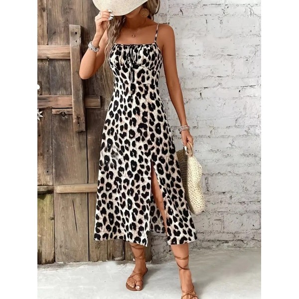 Kadın Askılı Yakadan Bağcıklı Yırtmaçlı Leopar Desenli Midi Süprem Elbise