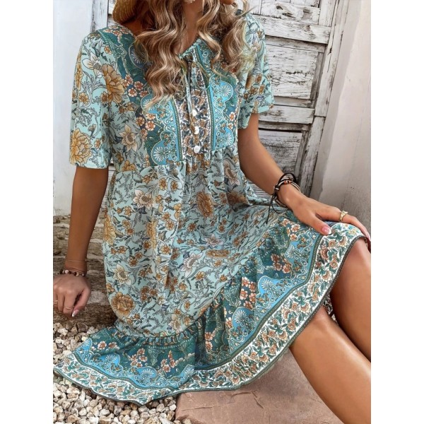 Kadın Kısa Kollu Yakası Bağcıklı önden Düğmeli Fırfır Desenli Süprem Elbise