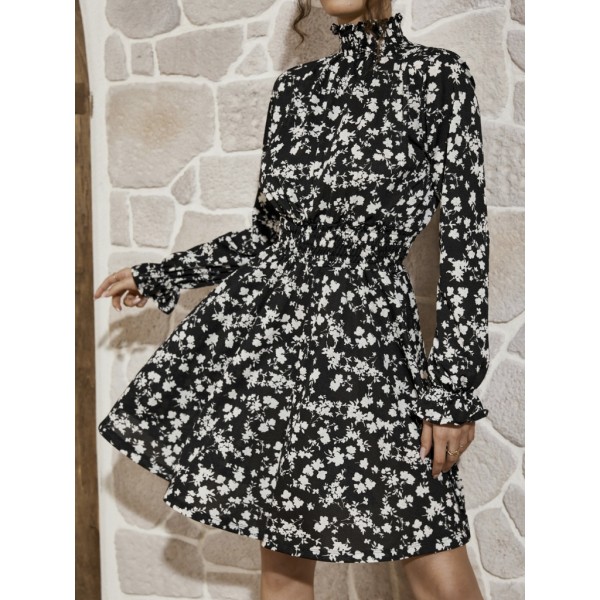 Kadın Uzun Kollu Balıkçı Yaka çiçek Baskılı Helen Kumaş Elbise