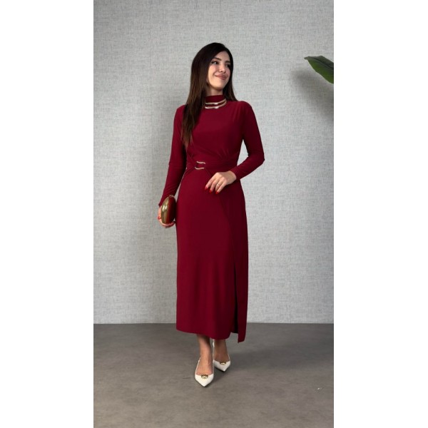 Kadın Balıkçı Yaka Toka Detay Sandy Kumaş Midi Boy Elbise