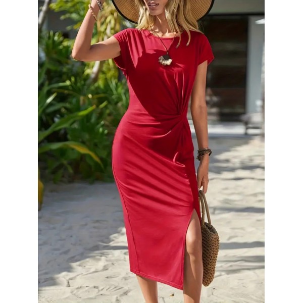 Kadın Kısa Kollu Bisiklet Yaka Belden Büzgülü Yırtmaç Detay Viskon Midi Elbise